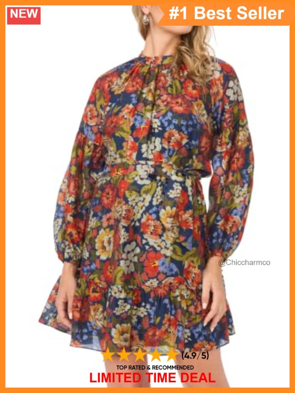 Floral Dolman Sleeve One Tier Mini Dress Self Belt
